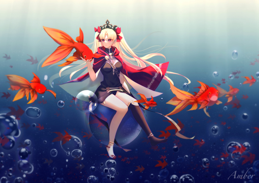 amberdl, animal, anklet, artist_name, asymmetrical_legwear, between_breasts, black_dress, blonde_hair