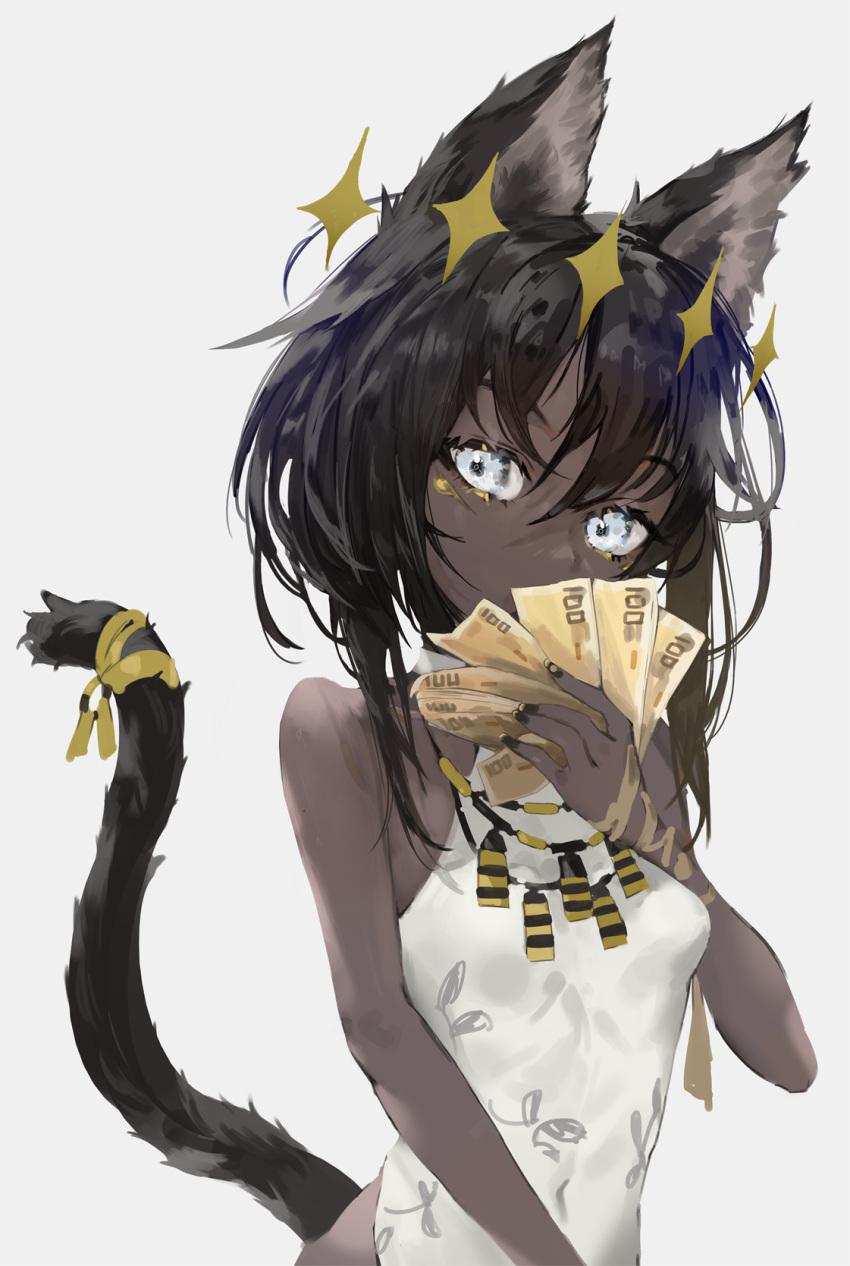 1girl, animal_ears, bangosu, bangs, bare_shoulders, black_hair, black_nails, breasts