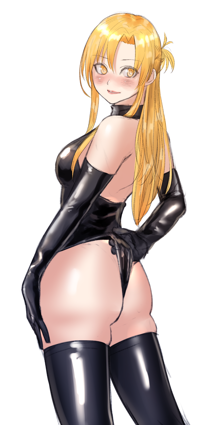 1girl, ass, asuna_(sao), bare_shoulders, black_gloves, black_leotard, blonde_hair, blush