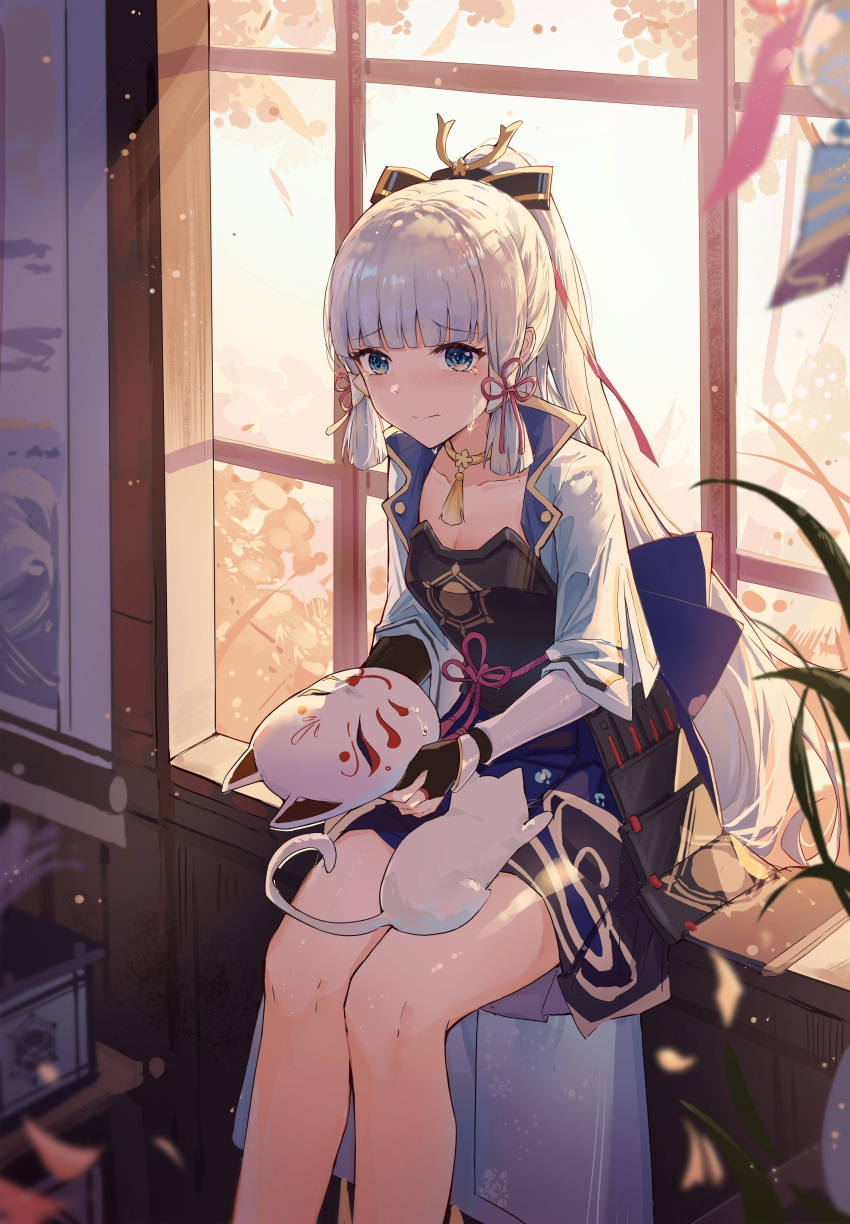 1girl, absurdres, animal_on_lap, arm_guards, armor, bangs, blue_eyes, blunt_bangs