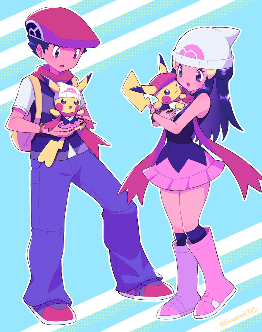 1boy, 1girl, backpack, bag, beanie, black_eyes, black_hair, black_shirt, blue_eyes, blue_hair, boots, bracelet, cosplay, hikari_(pokemon), hikari_(pokemon)_(cosplay), full_body, gen_1_pokemon, hat, highres, holding, holding_poke_ball, jewelry, long_hair, lucas_(pokemon), lucas_(pokemon)_(cosplay), open_mouth, pants, pikachu, pink_footwear, pink_skirt, poke_ball, pokemon, pokemon_(creature), pokemon_(game), pokemon_dppt, red_headwear, red_scarf, sawarabi_(sawarabi725), scarf, shirt, short_hair, short_sleeves, skirt, sleeveless, white_headwear