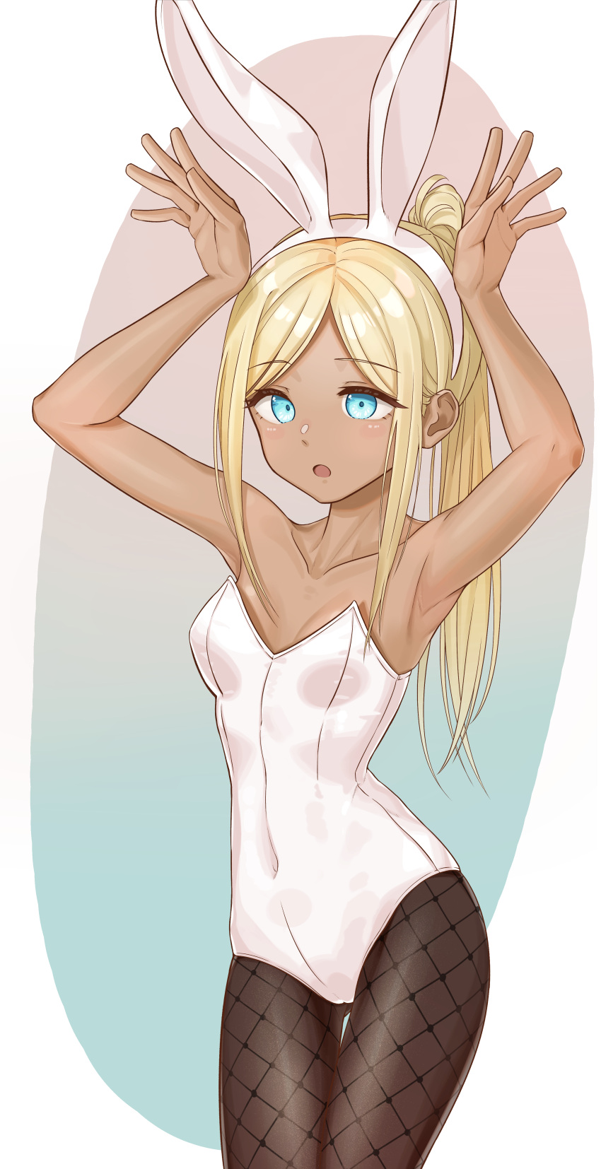 1girl, absurdres, animal_ears, aqua_eyes, armpits, arms_up, blonde_hair, breasts