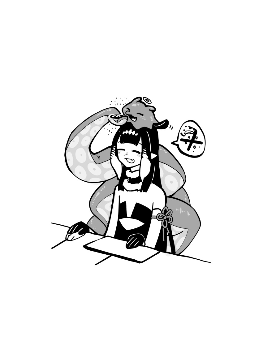 1girl, =_=, absurdres, chinese_commentary, fang, greyscale, guiyu_(nocaudal), hair_behind_ear