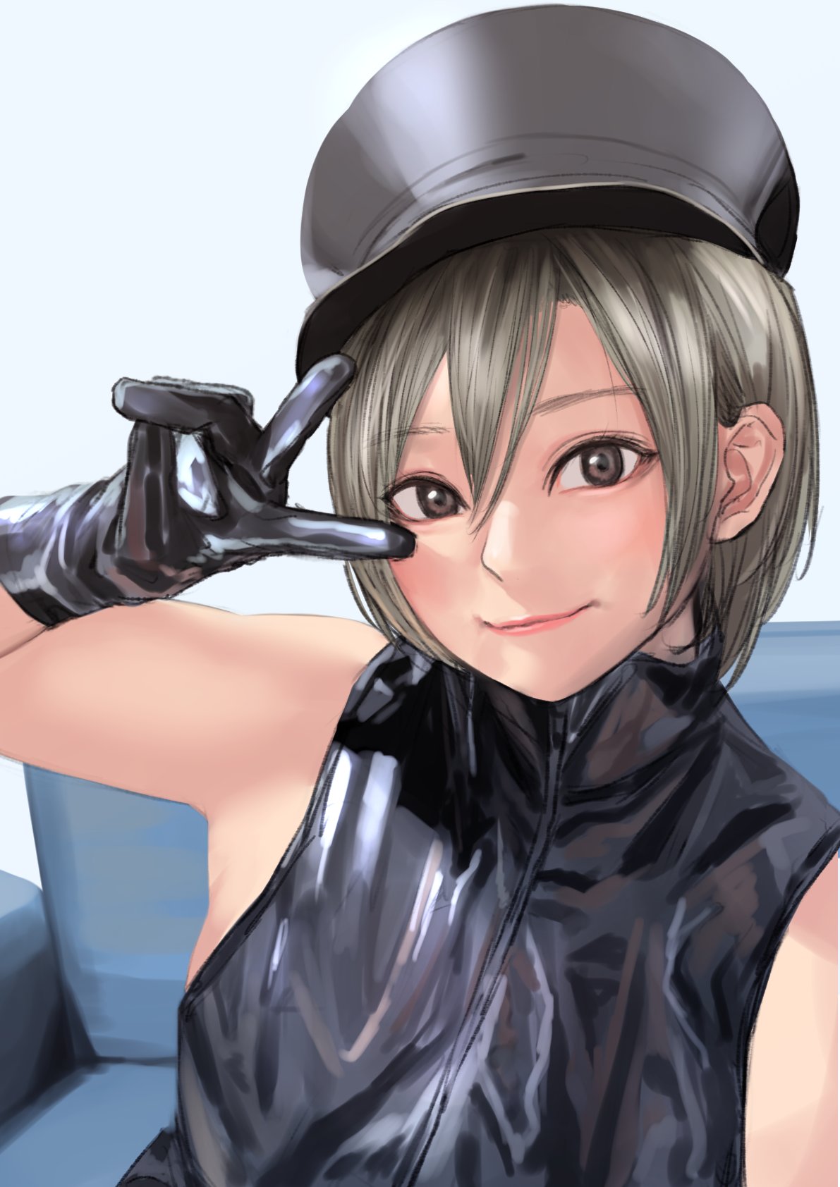 1girl, black_gloves, black_headwear, brown_eyes, closed_mouth, gloves, grey_hair, hand_up