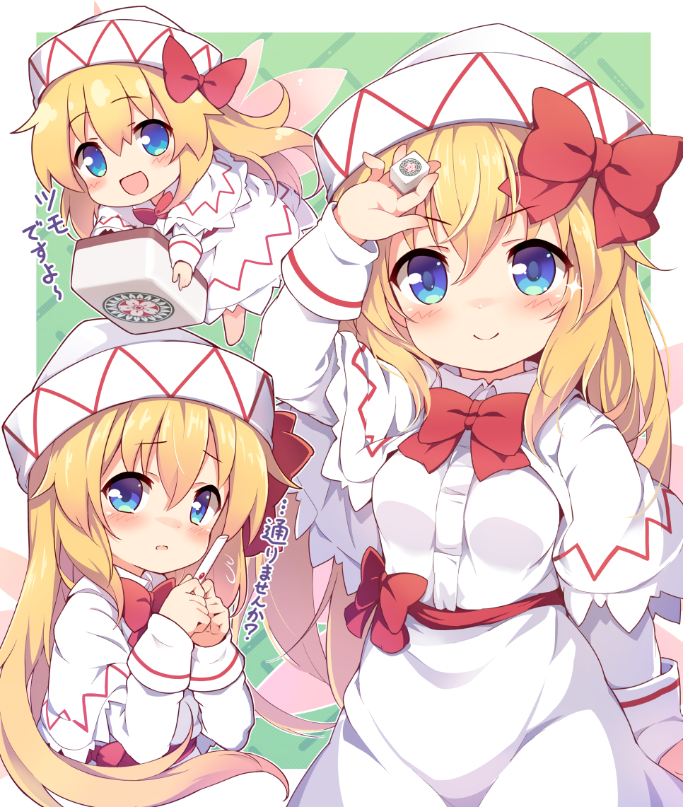 :d, arm_up, baku-p, bangs, barefoot, blonde_hair, blue_eyes, blush, bow, breasts, capelet, chibi, closed_mouth, commentary_request, dress, eyebrows_visible_through_hair, fairy_wings, flying, flying_sweatdrops, green_background, hair_between_eyes, hair_bow, hat, lily_white, long_hair, long_sleeves, mahjong, mahjong_tile, minigirl, open_mouth, pink_wings, red_bow, riichi_stick, sleeves_past_wrists, small_breasts, smile, touhou, translation_request, v-shaped_eyebrows, very_long_hair, white_capelet, white_dress, white_headwear, wings