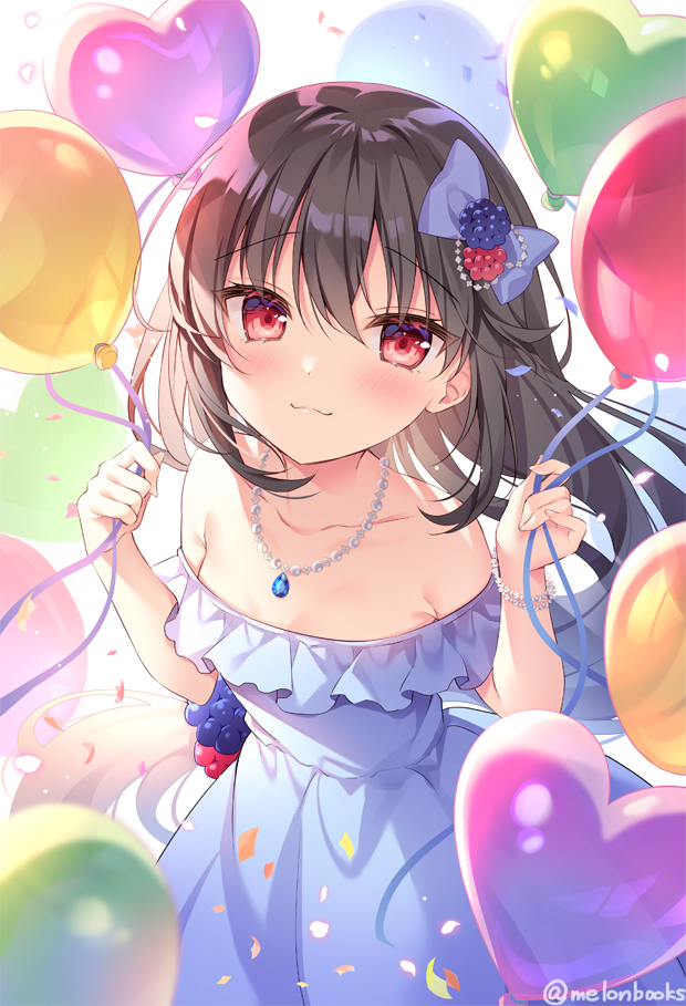 1girl, balloon, bangs, bare_shoulders, black_hair, blackberry-chan, blackberry_hair_ornament, blue_bow