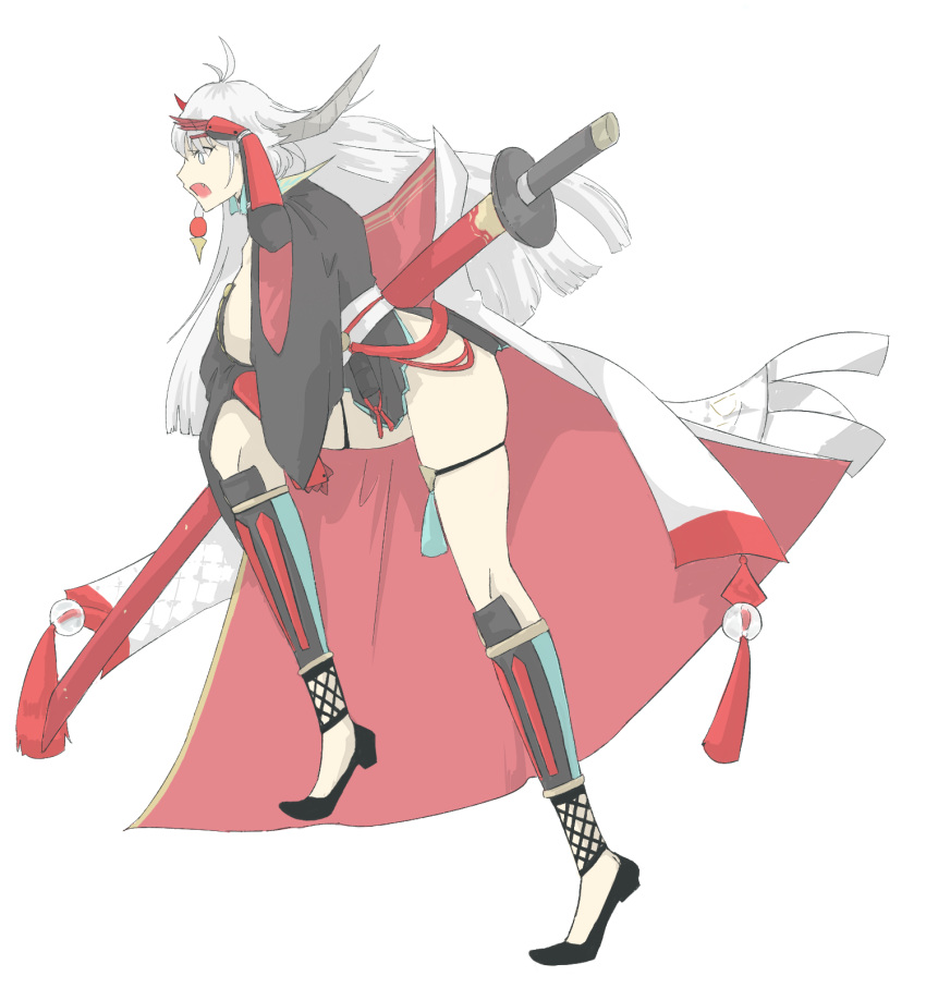 1girl, armor, asymmetrical_horns, azur_lane, black_footwear, black_gloves, coat, from_side, full_body, gloves, hakuryuu_(azur_lane), hatte_(bsrmkr), highres, holding, holding_sword, holding_weapon, horns, leg_up, open_mouth, sheath, sheathed, shoes, simple_background, skindentation, sword, weapon, white_background, white_coat, white_eyes, white_hair, wide_sleeves