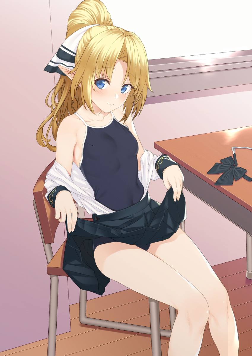 1girl, absurdres, black_skirt, blonde_hair, blue_eyes, bowtie_removed, breasts, chair