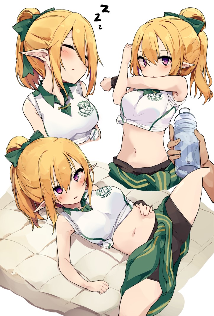 1girl, bangs, bare_shoulders, bike_shorts, black_shorts, blonde_hair, blush, bottle