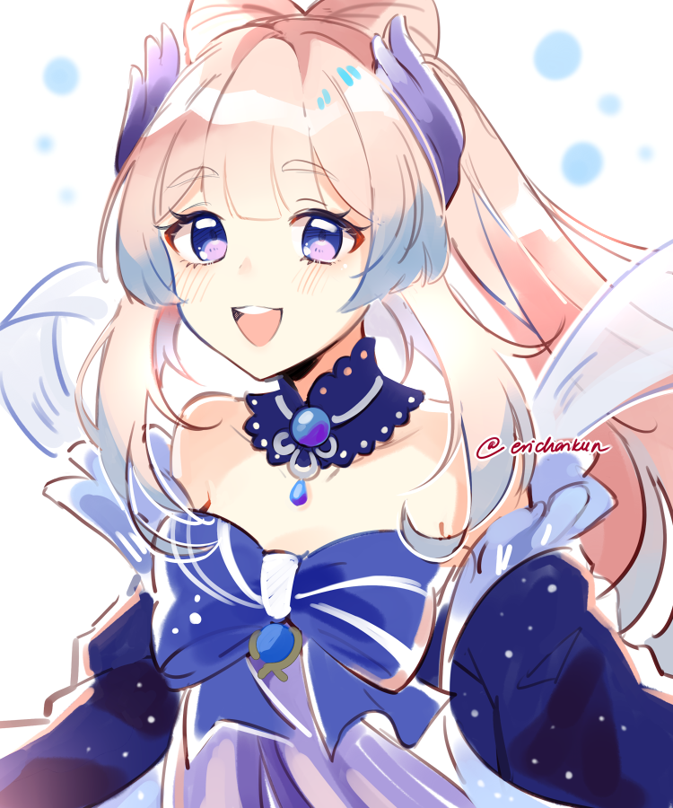 1girl, bangs, blue_eyes, blunt_bangs, blush, bow, bowtie, coll_(erichankun), detached_collar, eyebrows_visible_through_hair, genshin_impact, hair_ornament, open_mouth, pink_hair, sangonomiya_kokomi, smile, solo