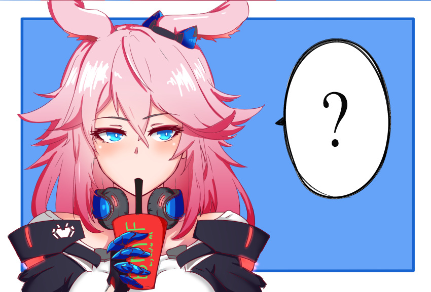 1girl, ?, animal_ears, bangs, black_jacket, blue_background, blue_eyes, blue_gloves