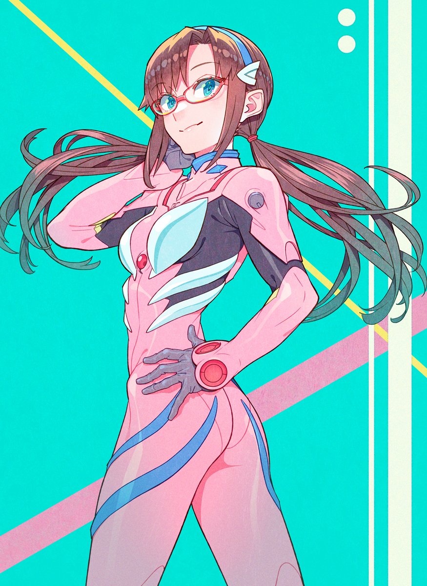 1girl, aqua_eyes, bodysuit, breasts, brown_hair, closed_mouth, glasses, hair_ornament