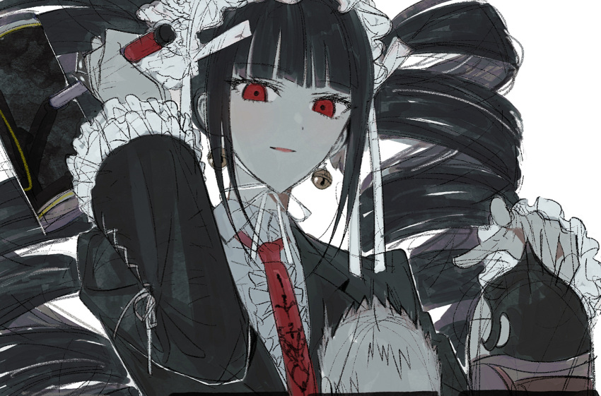 1girl, backpack, bag, bangs, black_hair, blunt_bangs, blush, bonnet, celestia_ludenberg, dangan_ronpa:_trigger_happy_havoc, dangan_ronpa_(series), drill_hair, earrings, frills, giant, giantess, gothic_lolita, hammer, holding, holding_hammer, ishida_(dangan_ronpa), ishimaru_kiyotaka, jewelry, lolita_fashion, long_hair, long_sleeves, looking_at_another, looking_at_viewer, monochrome, necktie, print_neckwear, red_eyes, red_neckwear, scared, shirt, short_hair, simple_background, sketch, smile, solo_focus, spiky_hair, twin_drills, twintails, upper_body, vo1ez, yamada_hifumi