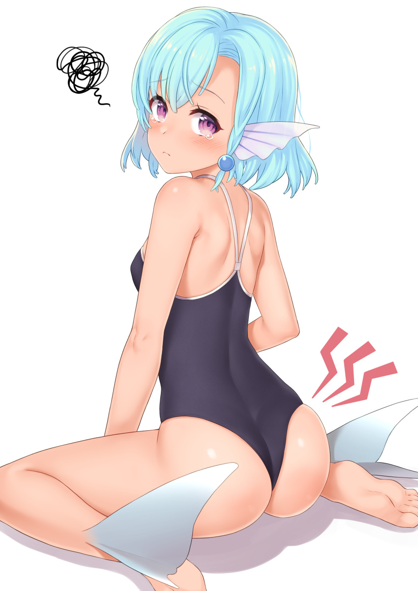 1girl, absurdres, ass, bare_legs, bare_shoulders, barefoot, blue_hair, blush