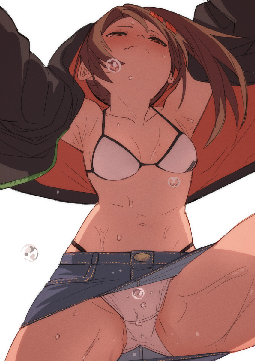 1girl, armpits, bare_shoulders, bikini, bikini_under_clothes, black_jacket, blue_skirt, breasts, brown_eyes, brown_hair, closed_mouth, crotch_seam, denim, denim_skirt, from_below, fu-ta, highleg, highleg_bikini, highres, jacket, long_hair, long_sleeves, looking_at_viewer, looking_down, miniskirt, navel, open_clothes, open_jacket, original, ponytail, skirt, small_breasts, solo, stomach, string_bikini, sweat, swimsuit, thighs, usami_taiga, white_bikini