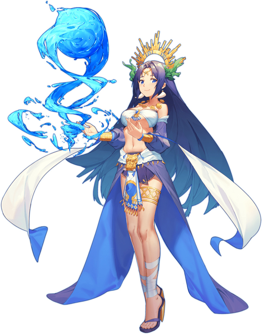 1girl, ark_order, artist_request, bandaged_ankle, bandages, bare_shoulders, blue_eyes, blue_hair, blue_skirt, bracelet, detached_sleeves, diadem, earrings, hair_intakes, halo, high_heels, highres, horns, jewelry, leaf, long_hair, long_sleeves, looking_at_viewer, navel, necklace, official_art, puffy_long_sleeves, puffy_sleeves, sarashi, skirt, smile, solo, tachi-e, tassel, taweret_(ark_order), thighlet, toenails, tooth_earrings, very_long_hair, water