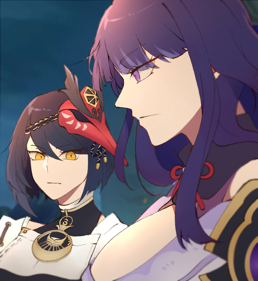 arghkaashi, armor, bangs, black_hair, blurry, blurry_background, breasts, closed_mouth