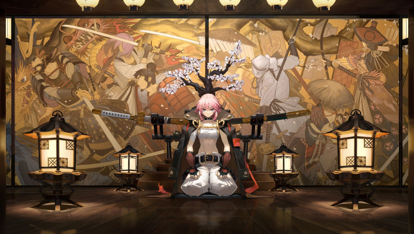 1girl, alchemy_stars, belt, bonsai, bridal_gauntlets, choker, coat, coat_on_shoulders