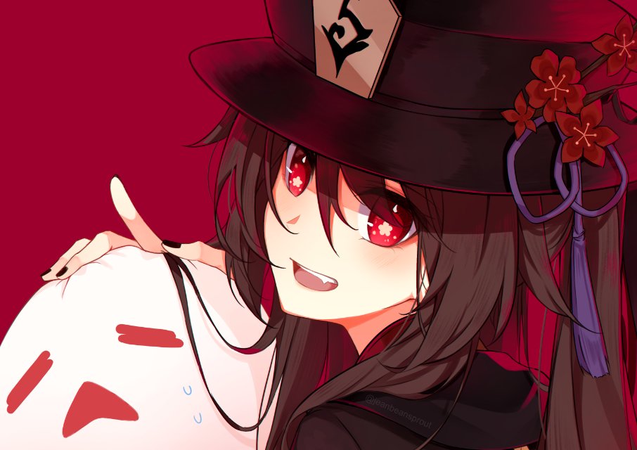 1girl, bangs, black_headwear, black_nails, blush, brown_hair, coat, fang
