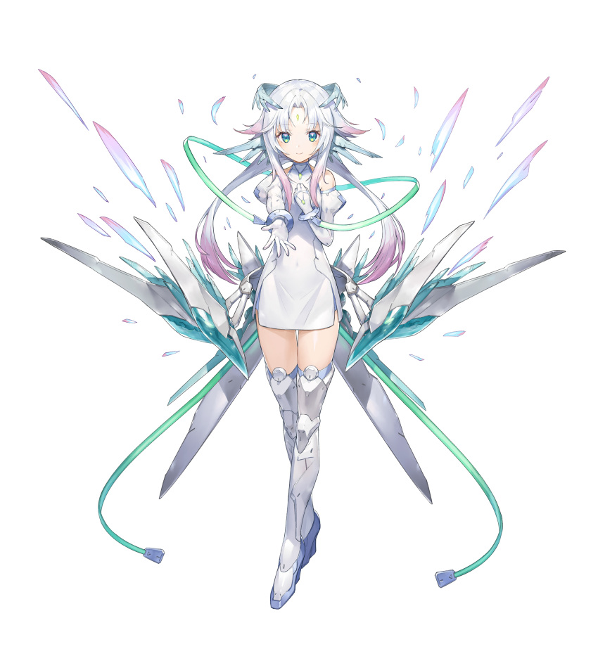 1girl, bare_shoulders, boots, bracelet, commentary_request, dress, eyebrows_visible_through_hair, facial_mark, forehead_mark, full_body, gradient_hair, green_eyes, highres, jewelry, long_hair, looking_at_viewer, mecha_musume, mechanical_ears, multicolored_hair, necklace, original, pink_hair, reaching_out, smile, solo, souto_(0401), thigh-highs, thigh_boots, two-tone_hair, white_background, white_dress, white_hair