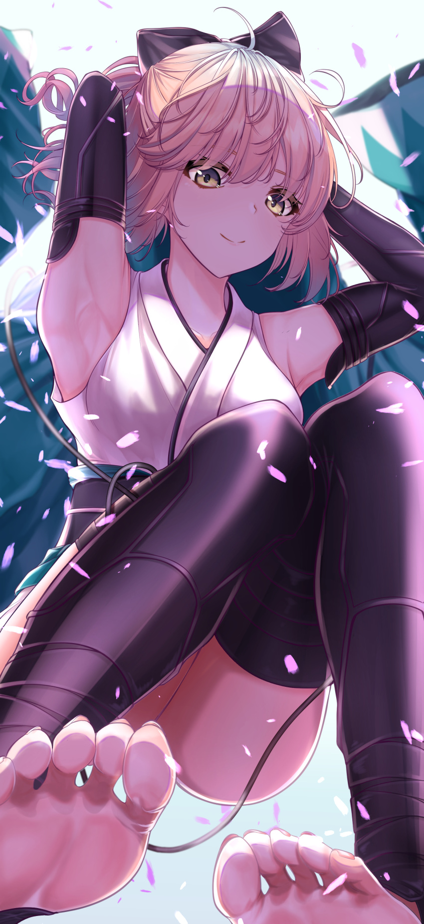 1girl, absurdres, ahoge, armpits, bangs, barefoot, black_bow, black_legwear