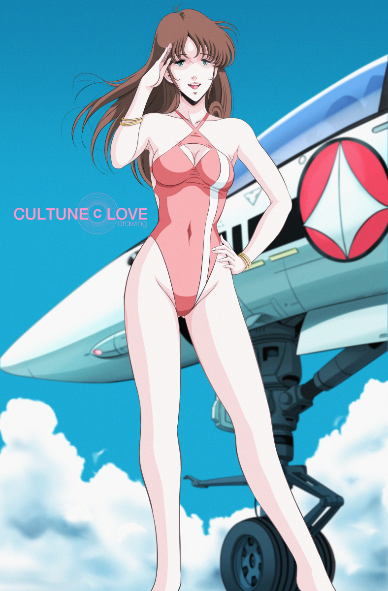 1980s_(style), 1girl, aircraft, airplane, blue_sky, brown_hair, casual_one-piece_swimsuit, choujikuu_yousai_macross, cleavage_cutout, clothing_cutout, clouds, commentary_request, covered_navel, feet_out_of_frame, hayase_misa, highleg, highleg_swimsuit, highres, long_hair, looking_at_viewer, macross, macross:_do_you_remember_love?, one-piece_swimsuit, red_swimsuit, retro_artstyle, salute, sky, solo, swimsuit, triangle_cutout, waeba_yuusee
