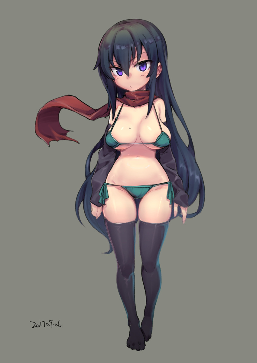 1girl, absurdres, arms_at_sides, bikini, black_legwear, blue_hair, breasts, closed_mouth