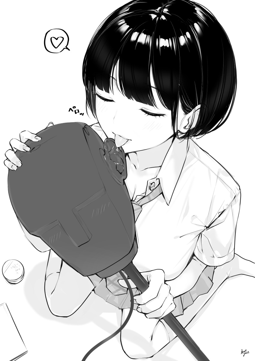 1girl, absurdres, asmr, bob_cut, closed_eyes, dummy, greyscale, heart