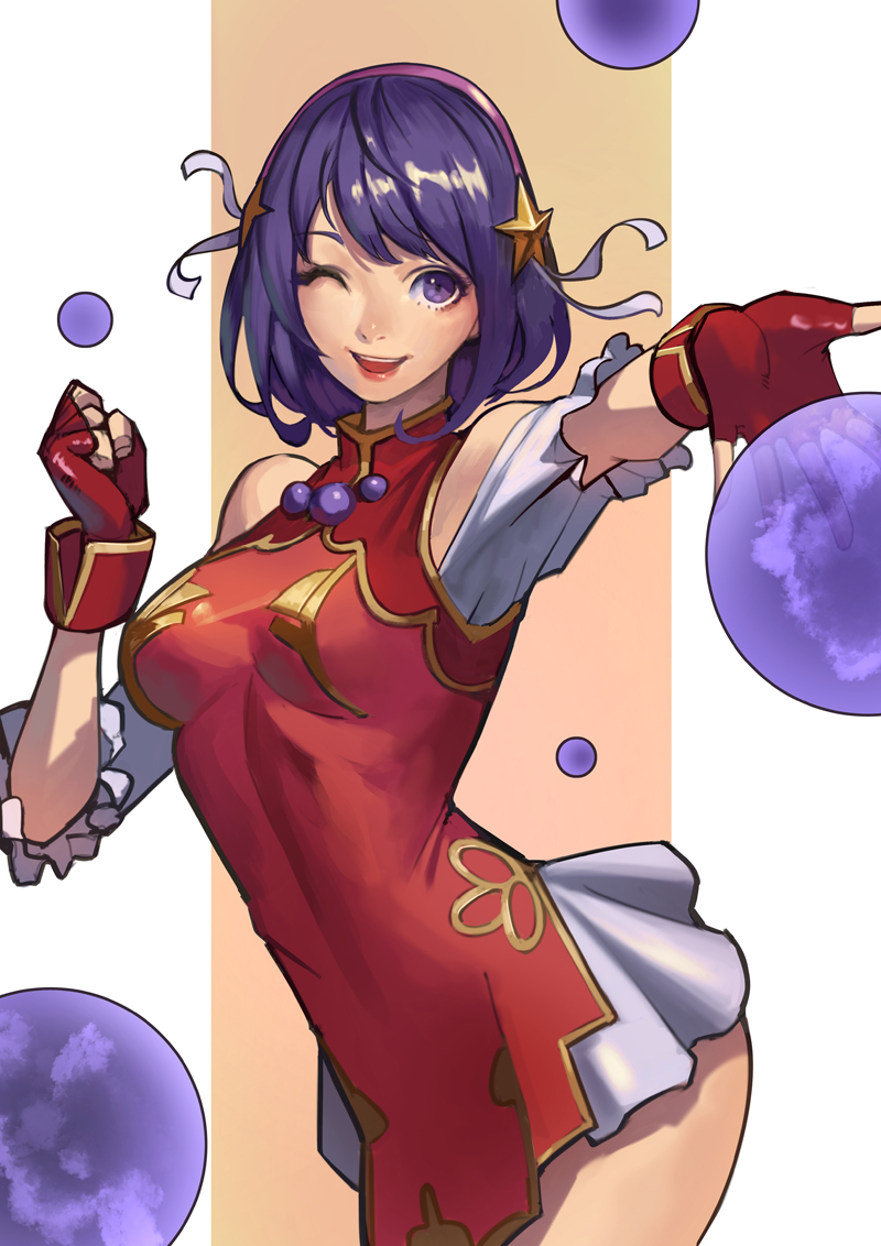 1girl, asamiya_athena, blush, breasts, earrings, gloves, hair_ornament, hairband