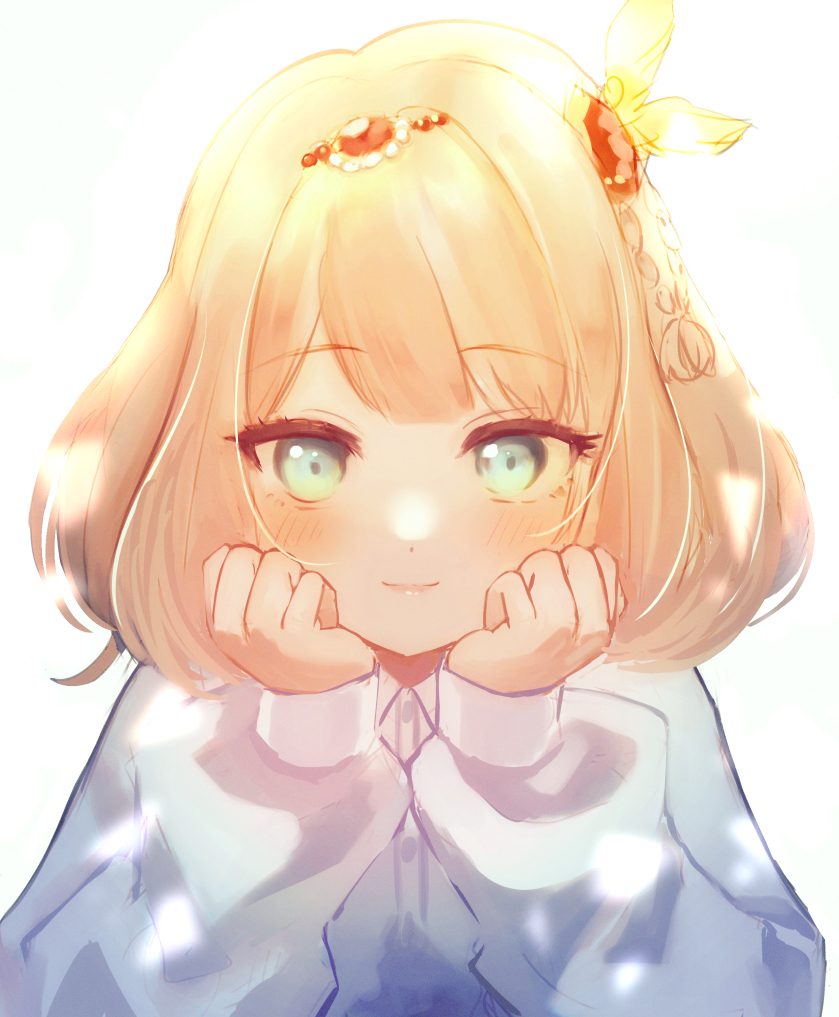1girl, bangs, blonde_hair, blue_eyes, blue_shirt, blush, braid, chae_ara