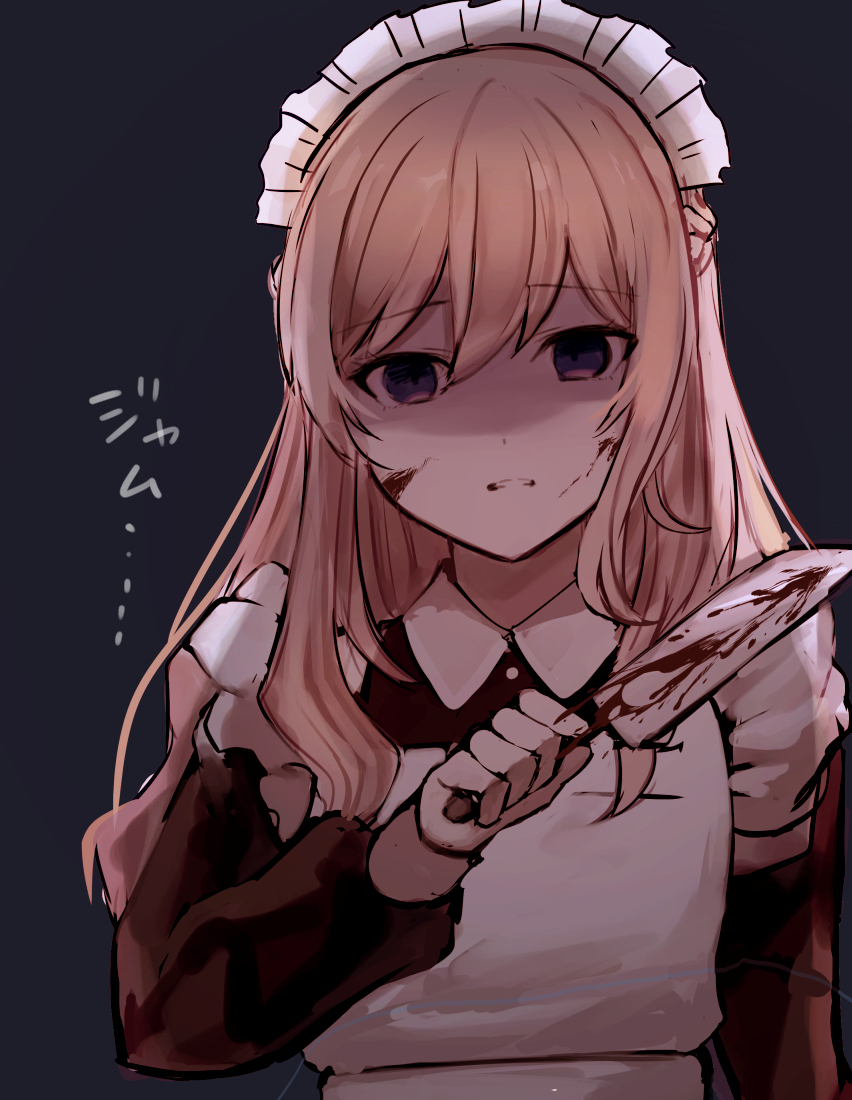 1girl, alternate_costume, apron, bangs, black_shirt, blonde_hair, blood, blood_on_face