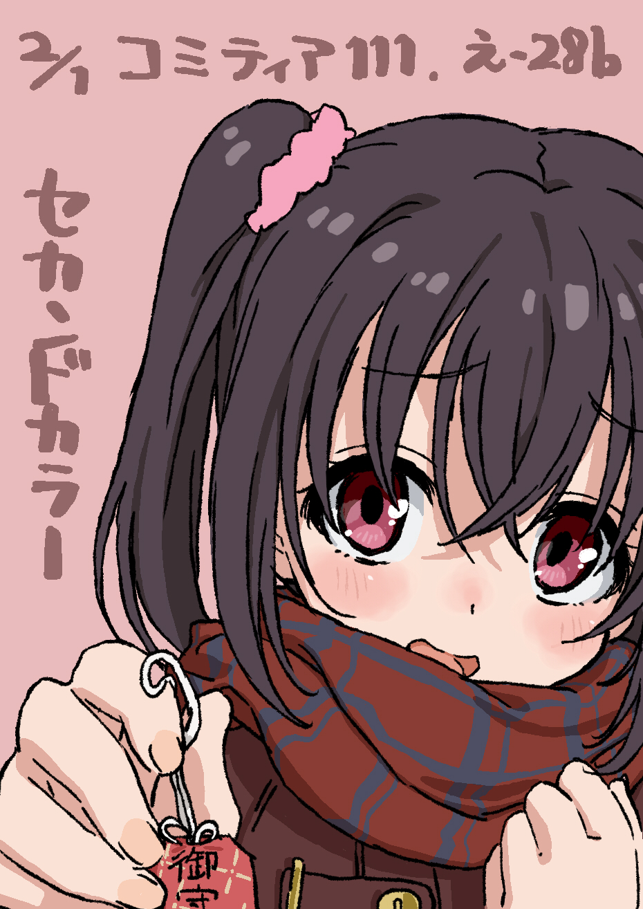 1girl, blush, brown_hair, checkered, checkered_scarf, embarrassed, fingernails, hair_ornament