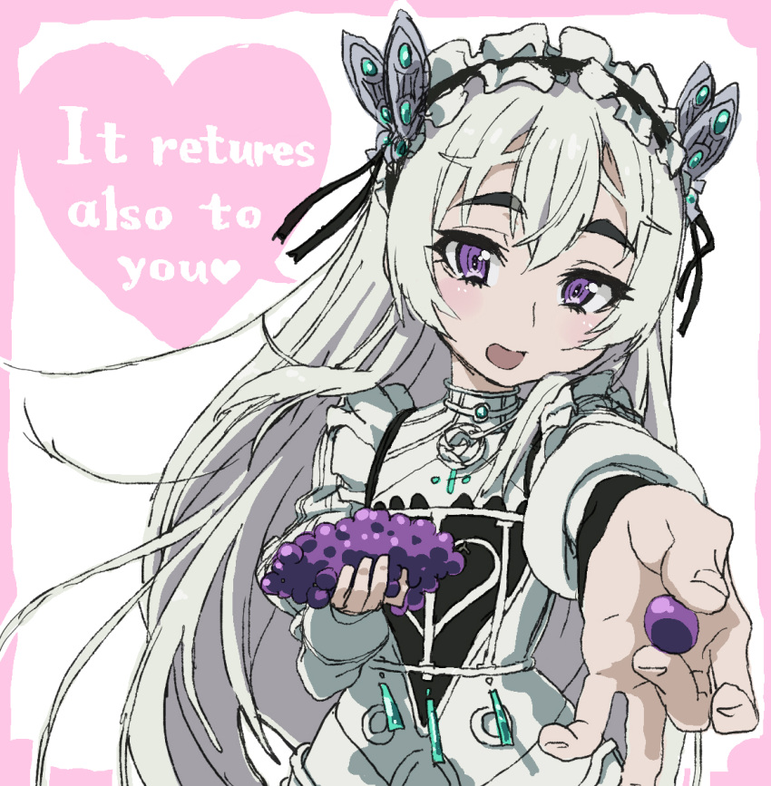 1girl, :d, chaika_trabant, dress, english_text, engrish_text, food, fruit