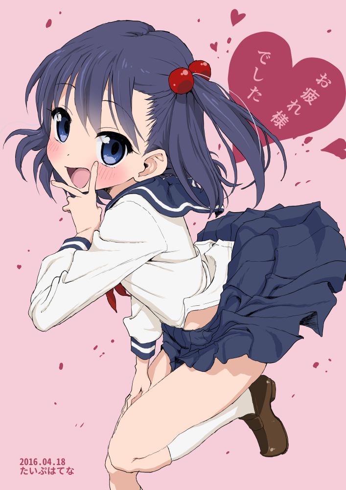 1girl, blue_eyes, blue_hair, blush, hair_bobbles, hair_ornament, hand_on_own_thigh, kneehighs