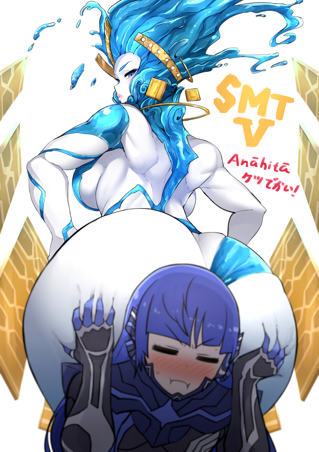 1boy, 1girl, androgynous, ass, ass_grab, bangs, black_sclera, blue_hair