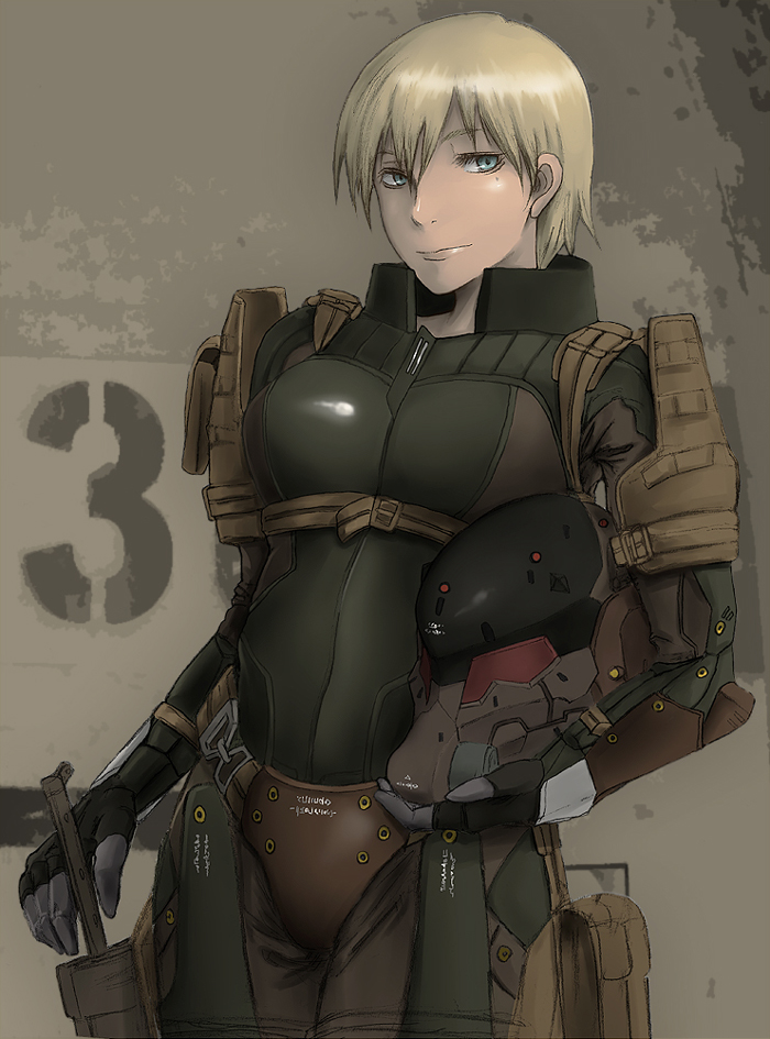 blonde_hair, blue_eyes, bodysuit, breasts, female, frogs_(mgs), green_eyes, headwear_removed, helmet, helmet_removed, knife, konami, metal_gear, metal_gear_solid, metal_gear_solid_4, military, neayaso, niiyaso, short_hair, smile, smirk, solo