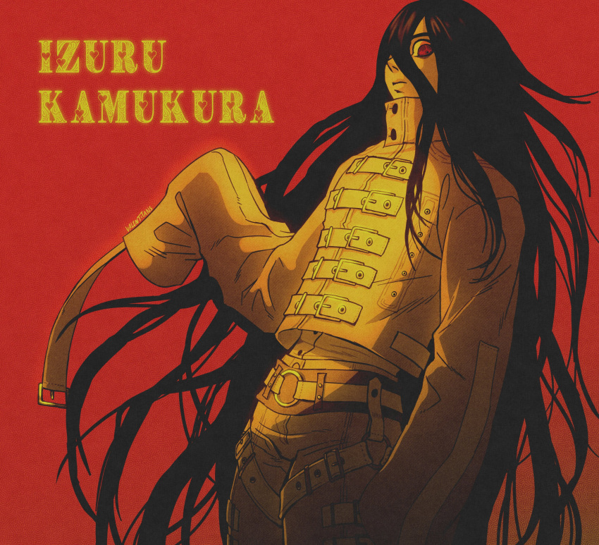 1boy, absurdres, artist_name, bangs, belt, black_hair, character_name, cowboy_shot, dangan_ronpa_(series), dangan_ronpa_2:_goodbye_despair, gradient, gradient_background, hair_between_eyes, hand_up, heart, highres, kamukura_izuru, leaning_back, long_hair, long_sleeves, looking_at_viewer, male_focus, messy_hair, o-ring, o-ring_belt, one_eye_covered, pale_skin, pants, red_background, red_eyes, ren_valentine, sleeves_past_fingers, sleeves_past_wrists, solo, straitjacket, very_long_hair, white_belt