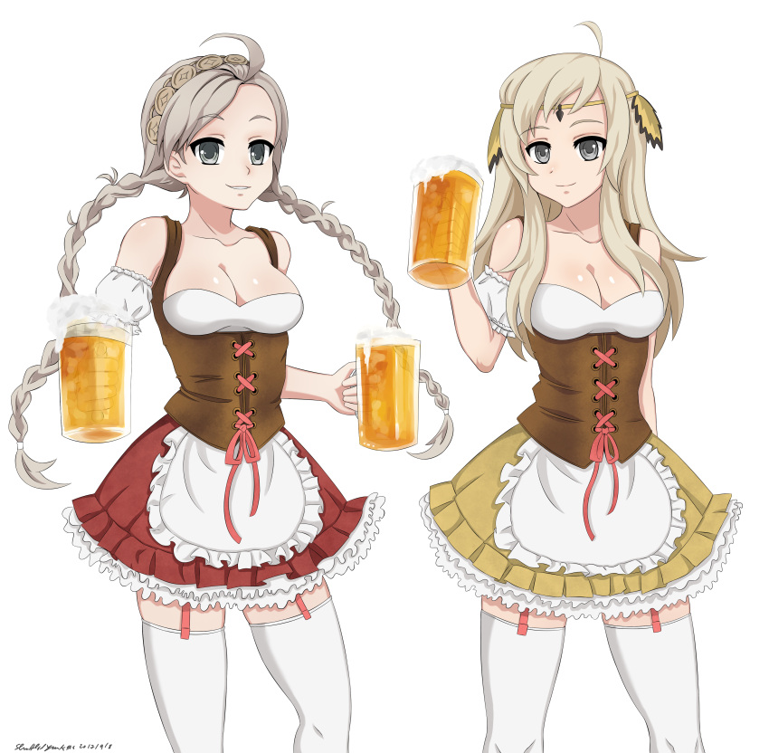 2girls, absurdres, ahoge, alternate_costume, apron, bangs, bare_shoulders, beer_mug