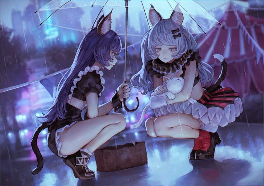2girls, animal, animal_ears, black_footwear, black_shorts, blue_eyes, bow, box