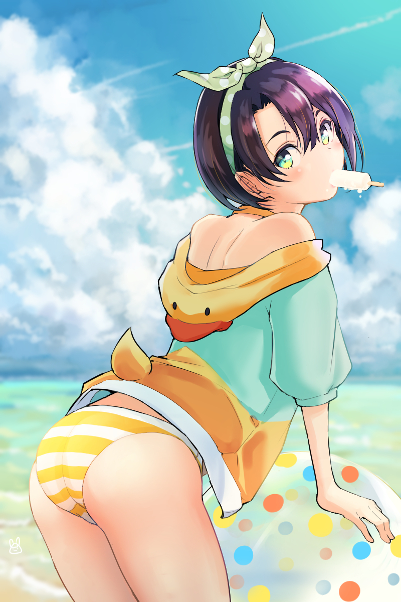 1girl, artist_logo, ass, ball, bangs, beach, beachball, bikini