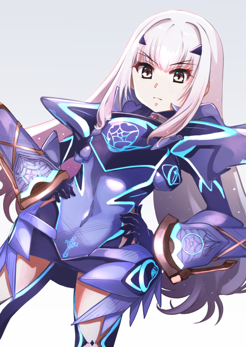 1girl, armor, armored_dress, bangs, black_gloves, blue_armor, blue_dress, blue_legwear, breastplate, breasts, brown_eyes, dress, fairy_knight_lancelot_(fate), fate/grand_order, fate_(series), faulds, gloves, haku_(grimjin), hands_on_hips, highres, long_hair, looking_at_viewer, mask, pauldrons, short_dress, shoulder_armor, sidelocks, small_breasts, solo, thighs, weapon, white_hair