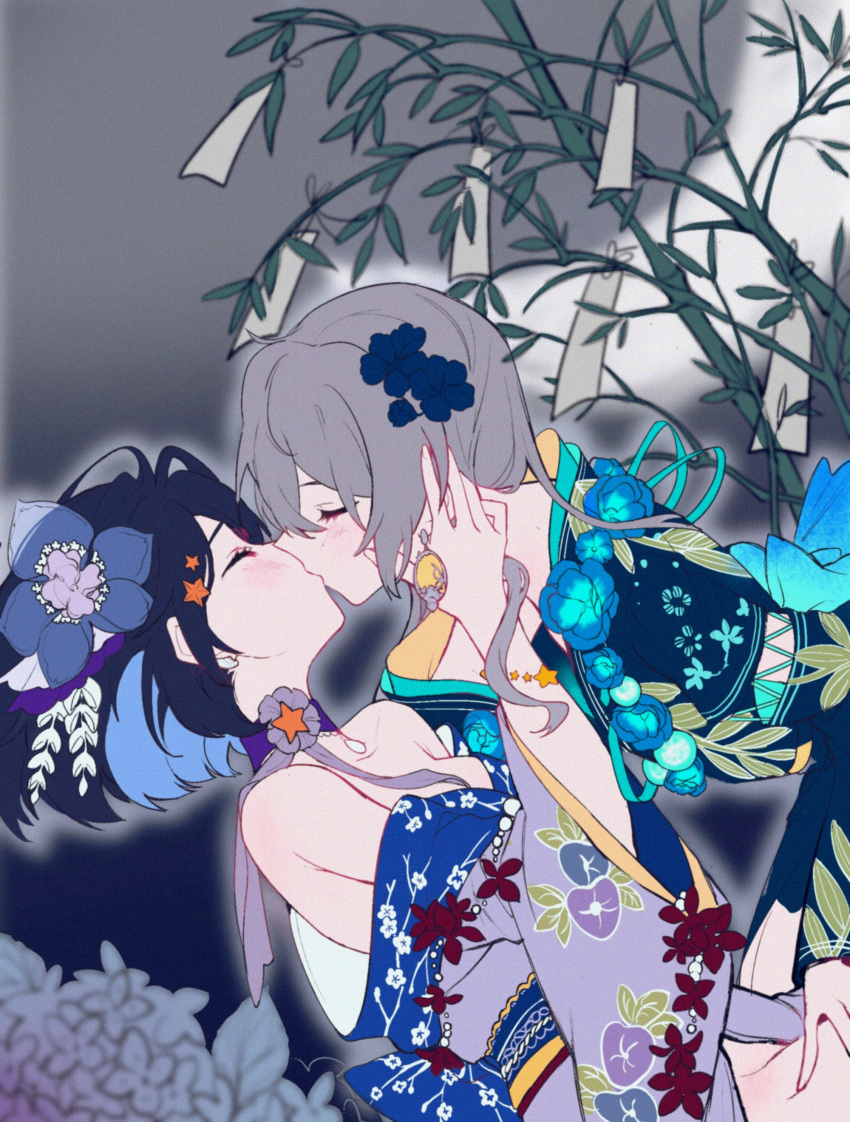 2girls, absurdres, blue_hair, blush, bronya_zaychik, closed_eyes, flower, grey_hair, hair_flower, hair_ornament, highres, honkai_(series), honkai_impact_3rd, japanese_clothes, kiss, mie_xing, multiple_girls, seele_vollerei, short_hair, yuri