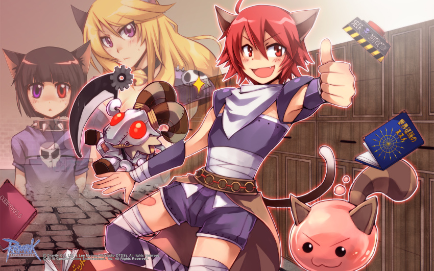 1girl, 2boys, :3, animal_ears, armor, armpits, assassin_(ragnarok_online), bandages, baphomet_jr, blonde_hair, bracer, brown_cape, buttons, cape, cat_ears, cat_tail, emon-yu, fang, heterochromia, highres, kneehighs, misty_(ragnarok_online), multiple_boys, official_art, official_wallpaper, otoko_no_ko, pauldrons, poring, purple_legwear, purple_shirt, purple_shorts, ragnarok_online, red_eyes, robot, shirt, short_sleeves, shorts, shoulder_armor, skull, skull_print, slime_(creature), tail, thumbs_up, violet_eyes, waist_cape, watermark, wickebine_(ragnarok_online)