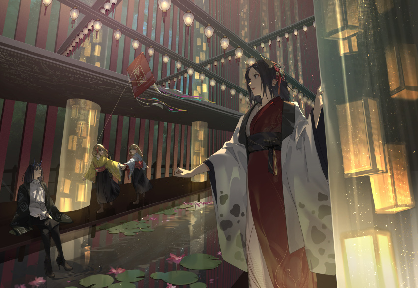 1boy, 3girls, absurdres, animal_print, architecture, black_footwear, black_hair, black_hakama