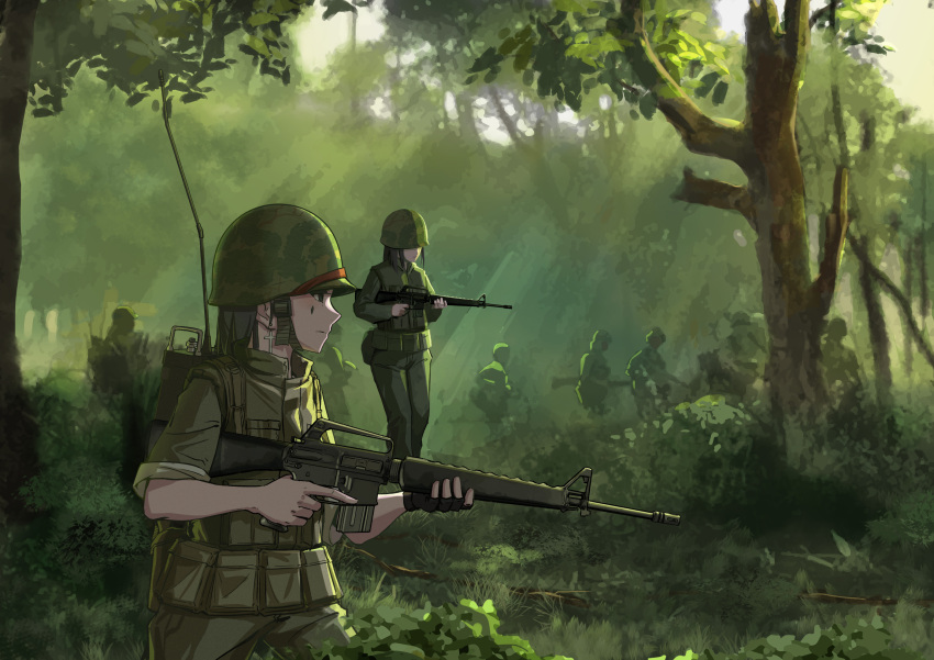 2girls, absurdres, assault_rifle, backpack, bag, black_hair, blurry, bush, cowboy_shot, cross, cross_earrings, dark, depth_of_field, earrings, facial_mark, fingerless_gloves, flak_jacket, gloves, gun, helmet, highres, holding, holding_gun, holding_weapon, jewelry, jungle, latin_cross, load_bearing_equipment, long_hair, luli1379, m16, military, military_uniform, multiple_girls, nature, original, outdoors, radio, rifle, silhouette, single_glove, soldier, sunlight, tree, trigger_discipline, uniform, vietnam_war, walking, weapon