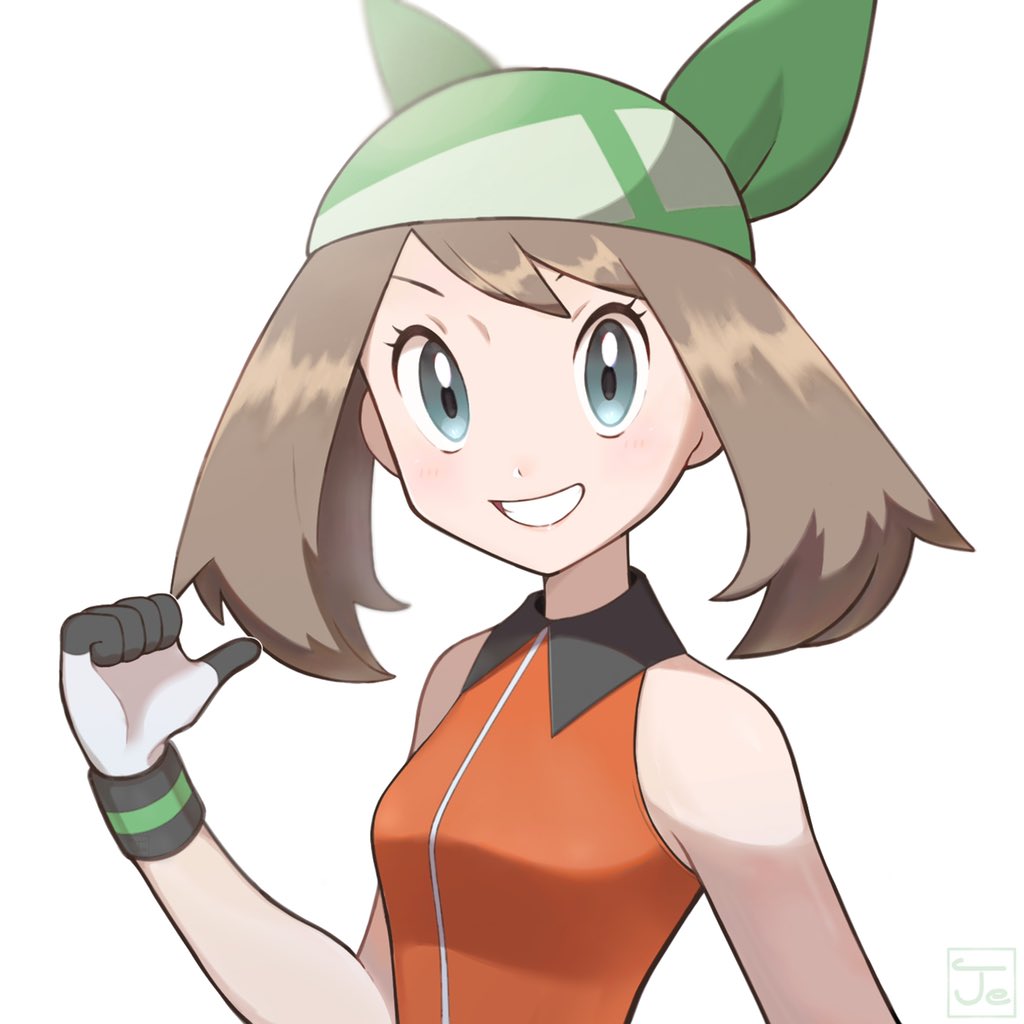 1girl, bangs, bare_arms, blurry, blush, breasts, brown_hair, collared_dress, commentary_request, dress, eyelashes, gloves, green_bandana, grey_eyes, grin, jeri20, looking_at_viewer, may_(pokemon), medium_hair, orange_dress, pokemon, pokemon_(game), pokemon_emerald, pokemon_rse, shiny, shiny_hair, simple_background, sleeveless, smile, solo, teeth, upper_body, white_background, white_gloves