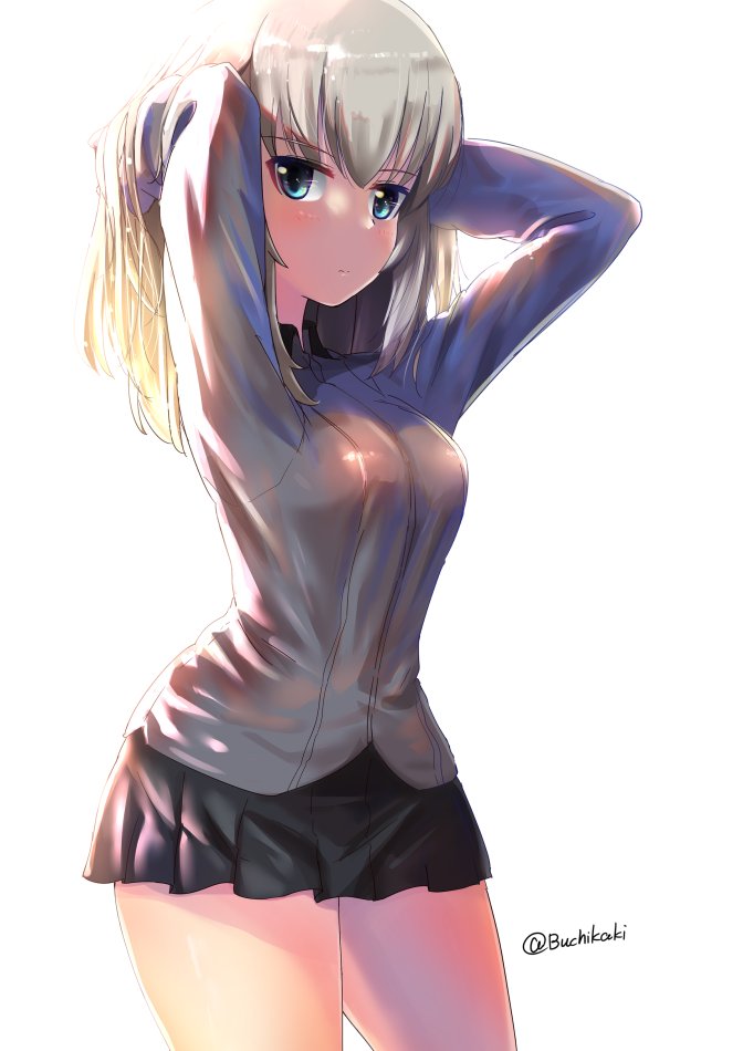 1girl, arms_up, backlighting, bangs, black_skirt, blouse, blue_eyes, buchikaki