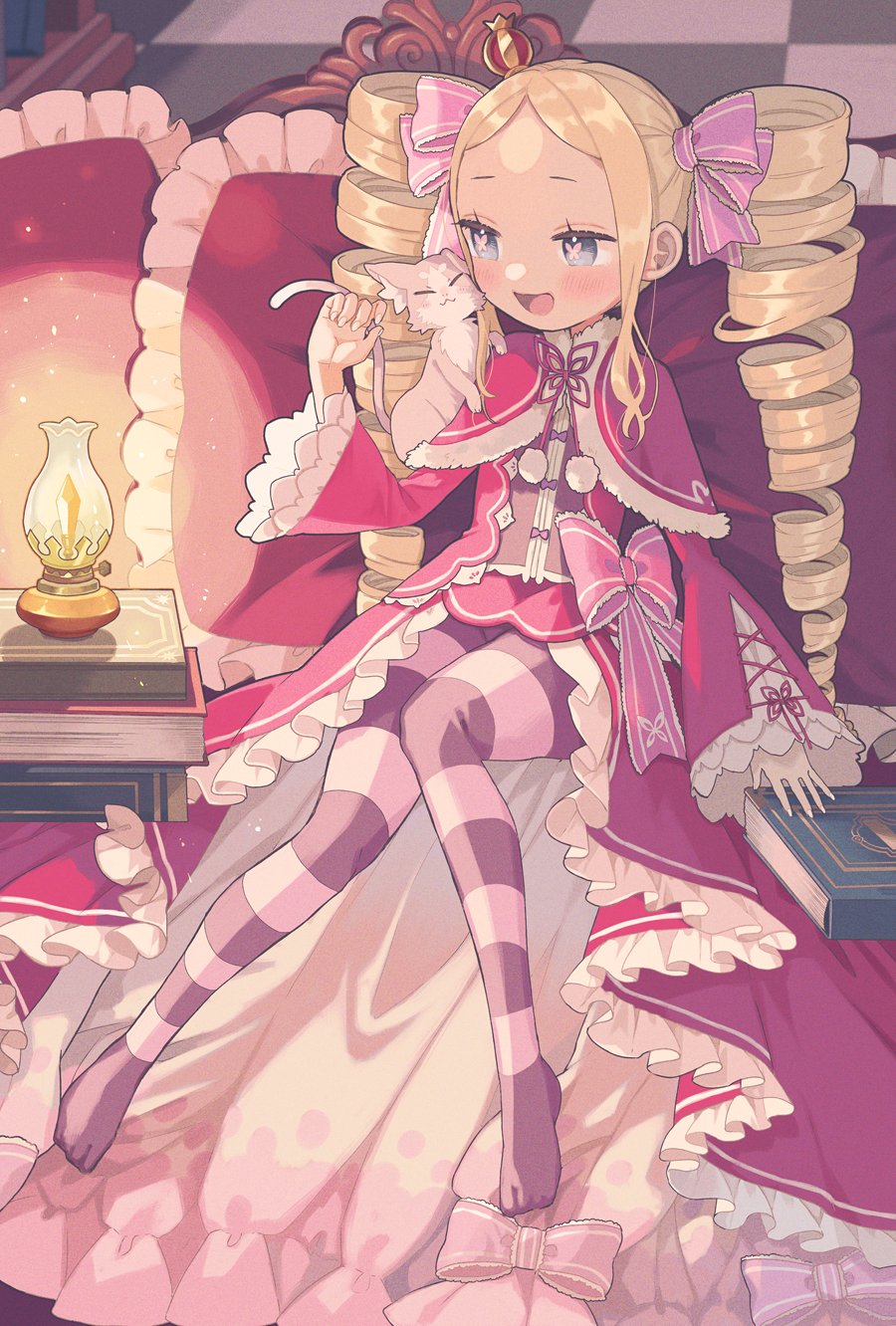 1girl, :d, bangs, beatrice_(re:zero), blonde_hair, blue_eyes, blurry, blush, book, bow, capelet, cat, commentary_request, crown, cushion, dress, drill_hair, eyelashes, frills, fur-trimmed_capelet, fur_trim, hair_ribbon, highres, holding, holding_book, indoors, lantern, long_hair, long_sleeves, mini_crown, open_mouth, pantyhose, parted_bangs, parupin, pink_bow, pink_ribbon, puck_(re:zero), re:zero_kara_hajimeru_isekai_seikatsu, ribbon, shiny, shiny_hair, sidelocks, sitting, smile, striped, striped_legwear, symbol-shaped_pupils, tile_floor, tiles, tongue, twin_drills, twintails
