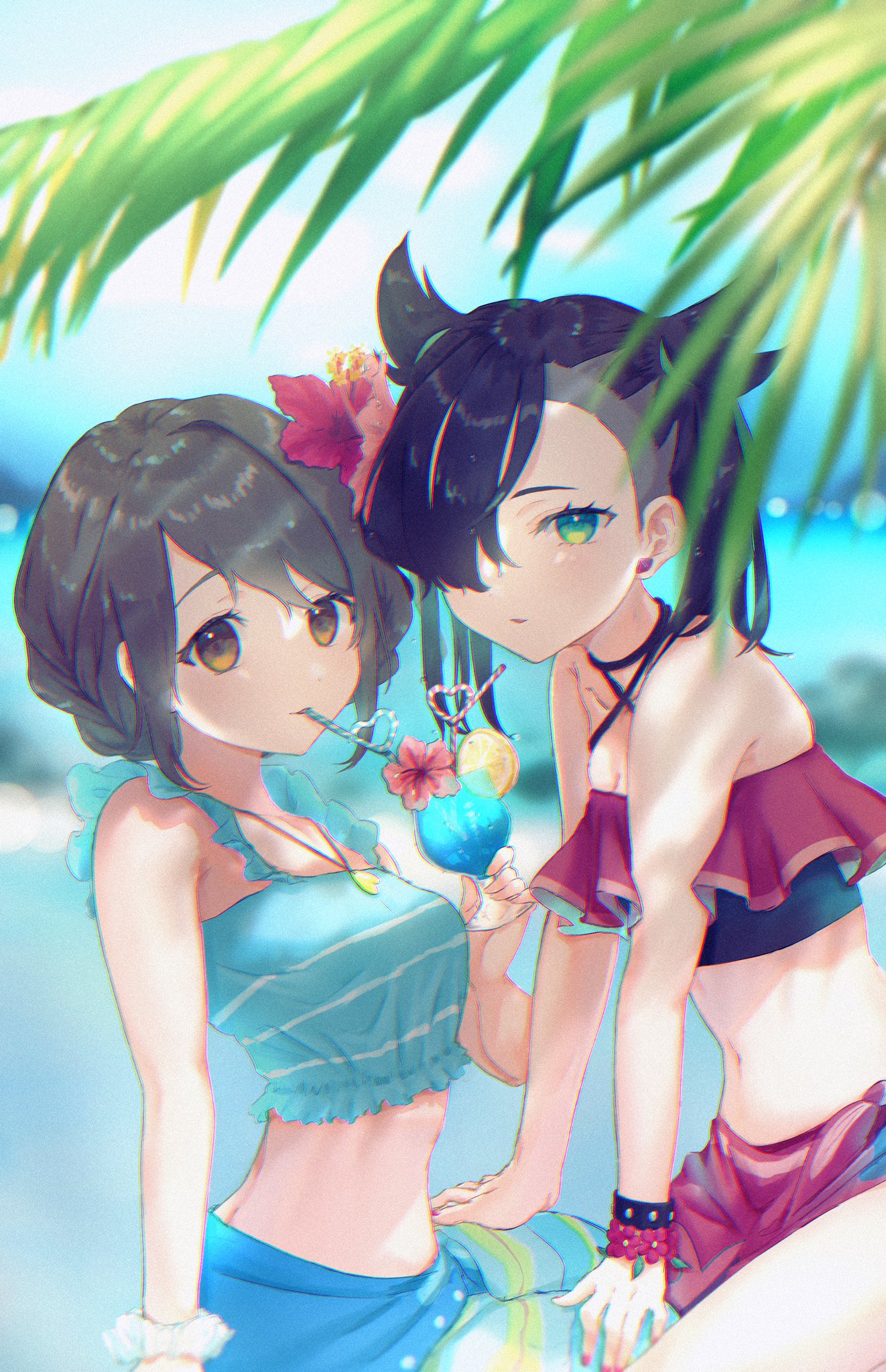 2girls, asymmetrical_bangs, bangs, black_choker, black_hair, blue_sarong, blue_shirt, blurry