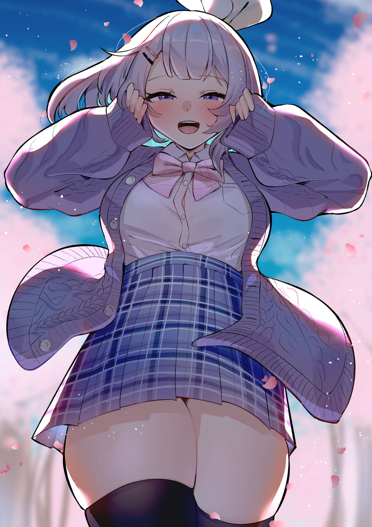 1girl, bangs, blue_skirt, blush, breasts, cardigan, crossed_legs, hair_ribbon